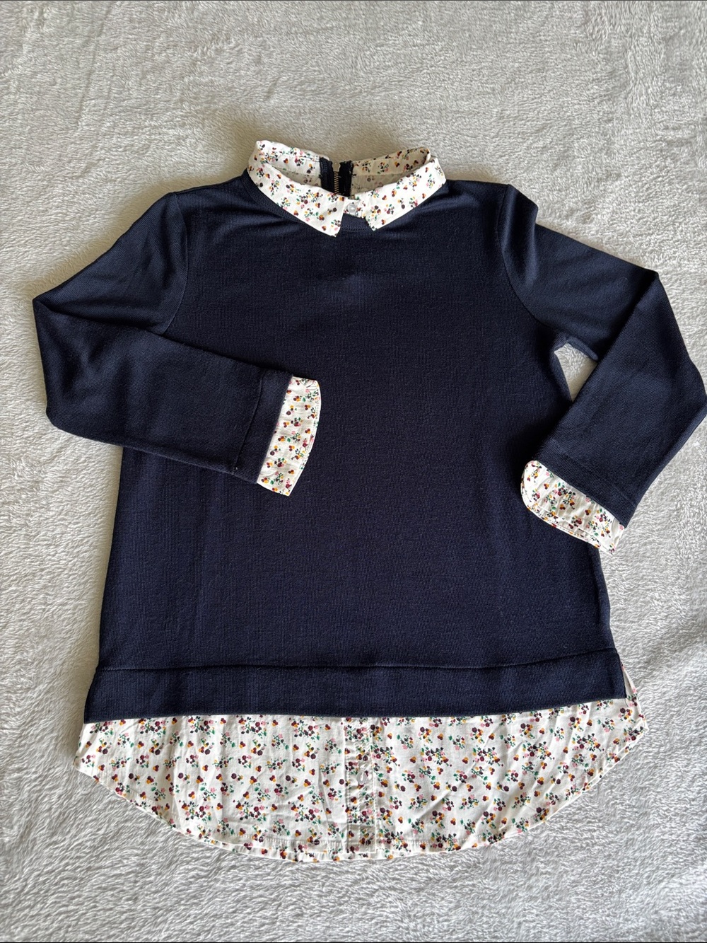 twik Navy 2-in-1 Layered-Look Sweater with White Floral Trim S EUC